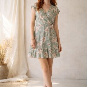Sage Green Floral Mini Dress Short Sleeves V-neck Fairycore  Cottagecore